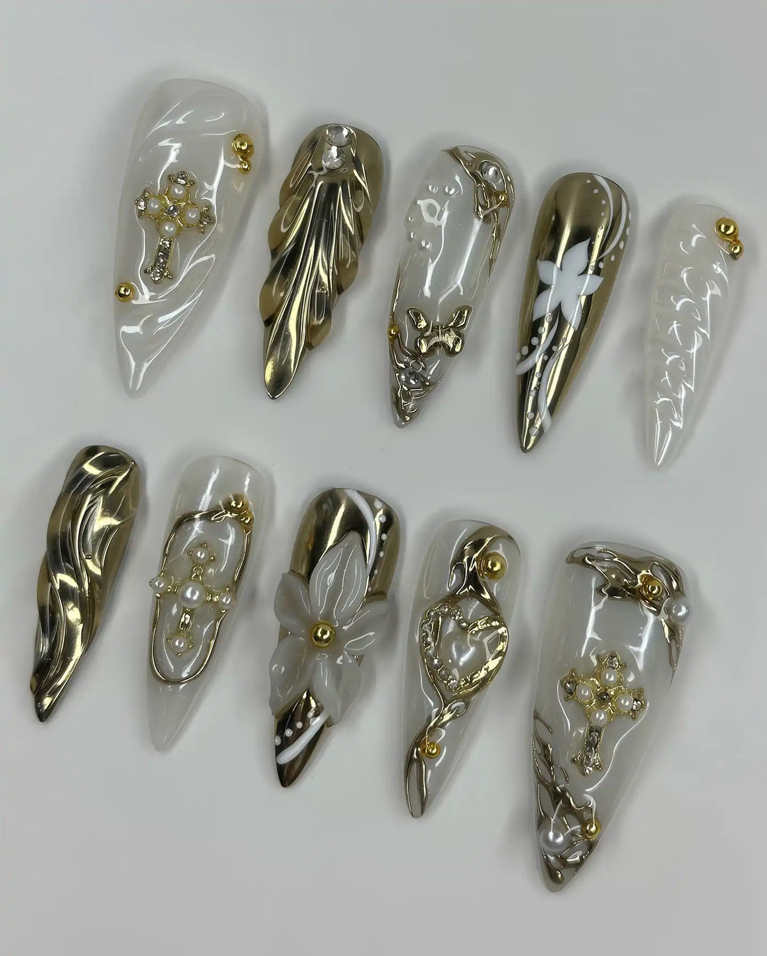 Handmade White Gold Charm Pearl Flower Wedding Press on Nails R15