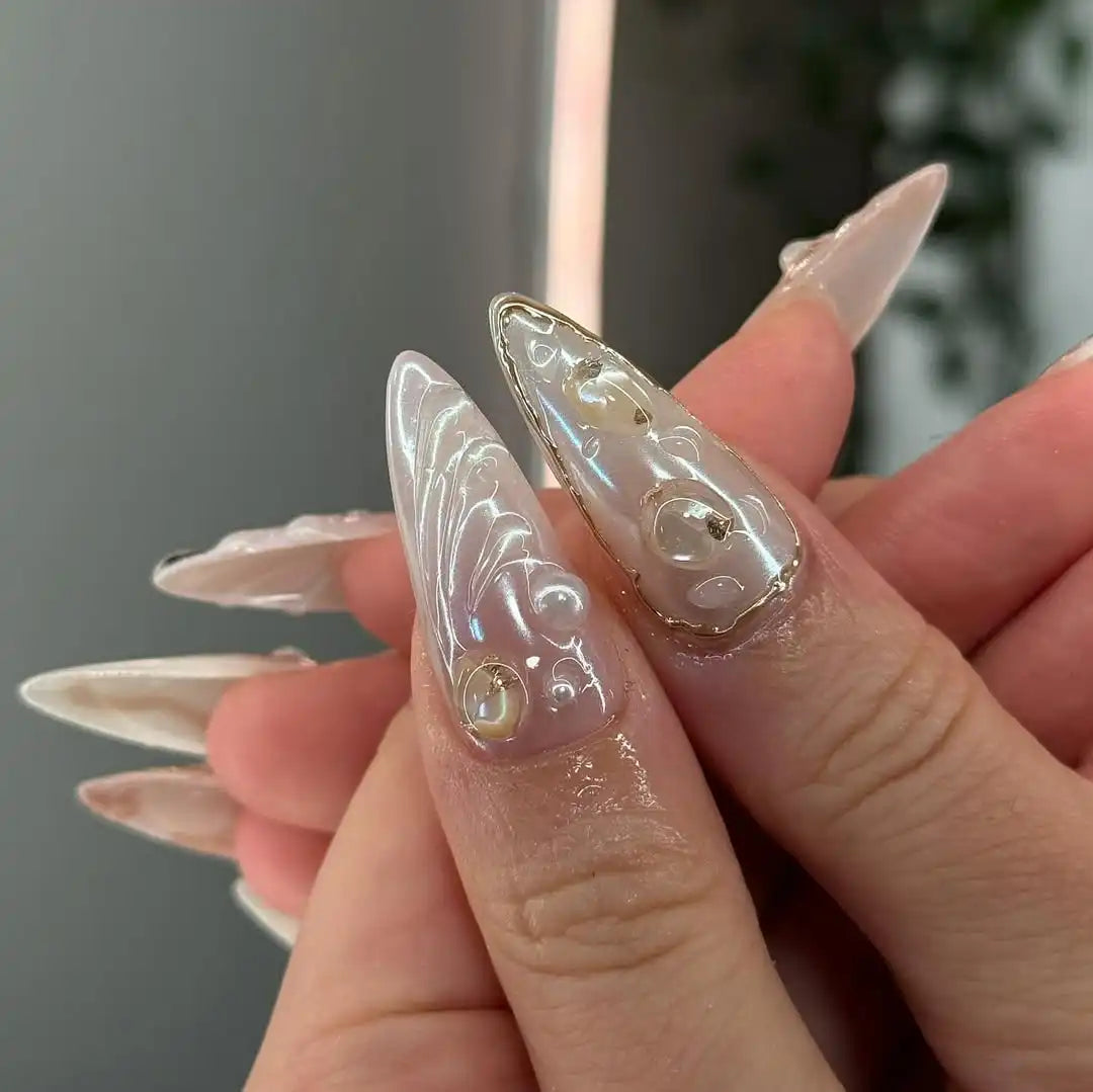 Handmade White Pearls Mermaid with Gold Press on Nails T68
