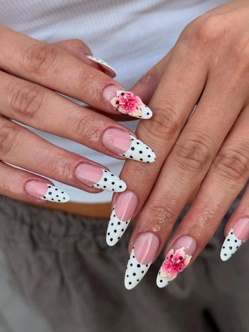 Handmade White Polka Dot French Tip Pink Floral Summer Press on Nails F10