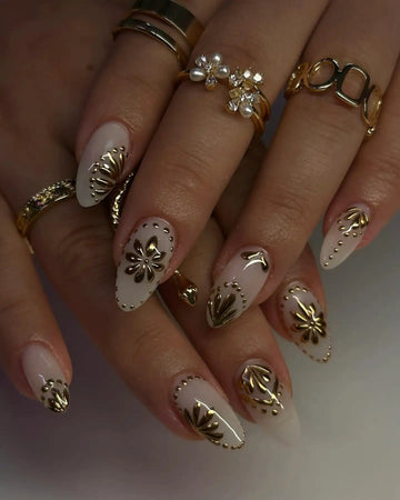 Handmade White and Gold 3D Floral Accent Elegant Glossy Press on Nails D54