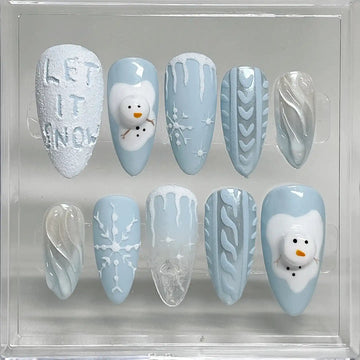 Handmade Winter Snowman Sweater Snowflake Blue Press on Nails K04
