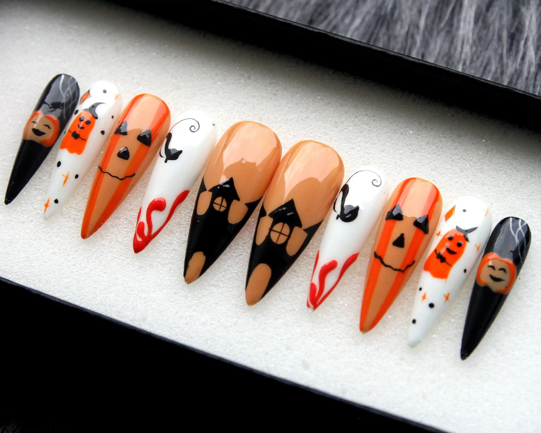 Orange Night Halloween Themed Press on Nails - Handmade Fingernails B61