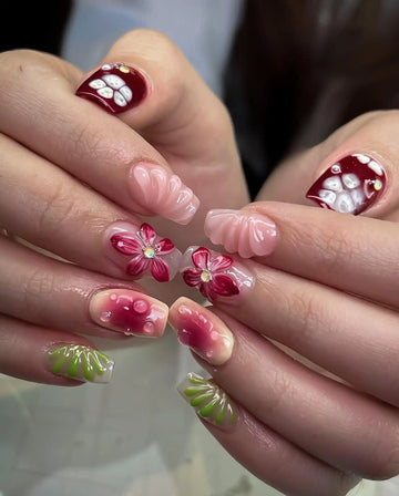 Orchid Colorful 3D Press on Nails - Floral Handmade Fingernails Q19
