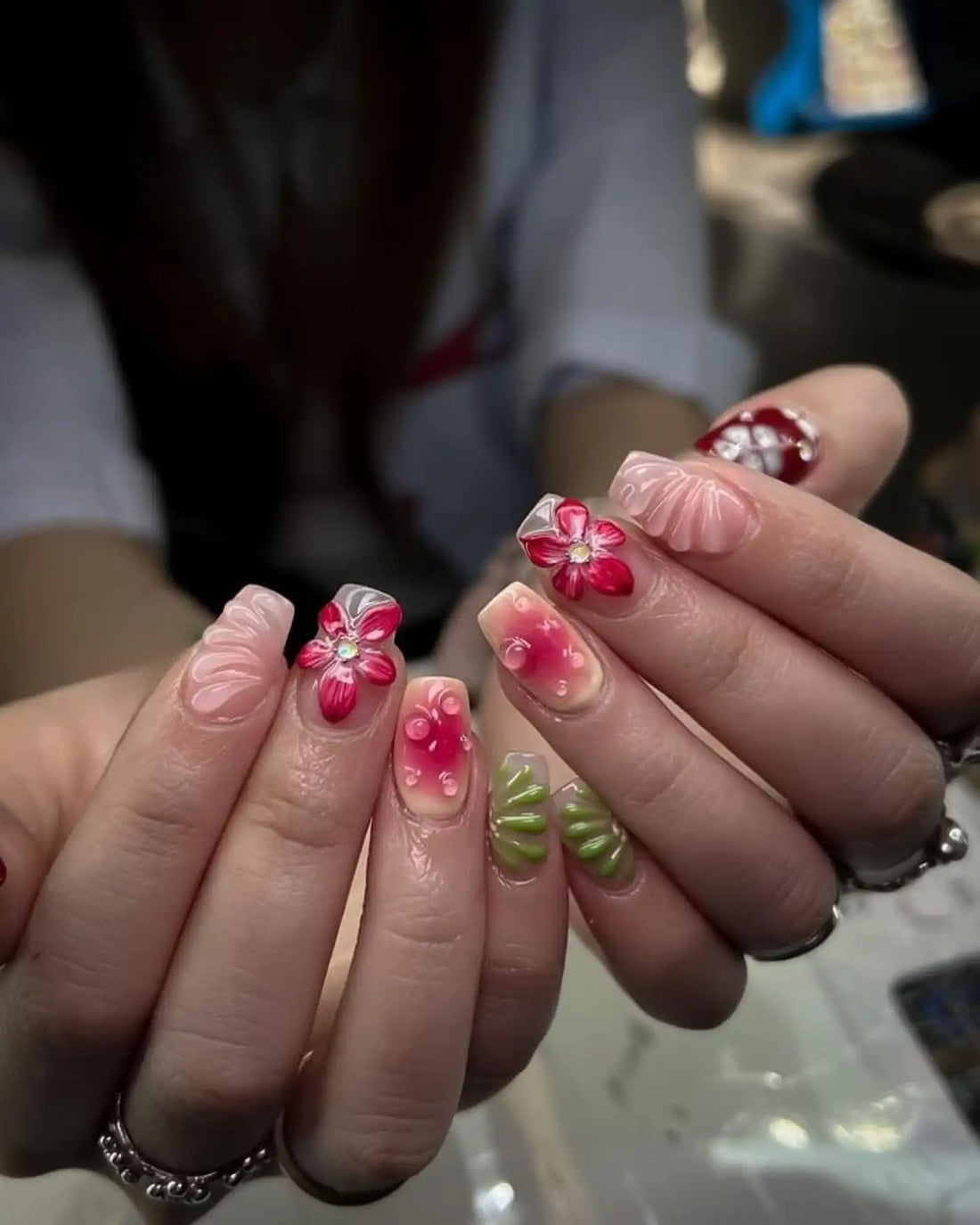 Orchid Colorful 3D Press on Nails - Floral Handmade Fingernails Q19
