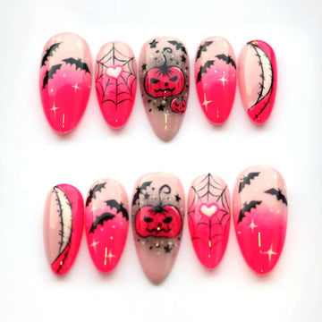 Pink Ombre Pumpkin Halloween Press on Nails - Cute Spooky Bats Fingernails