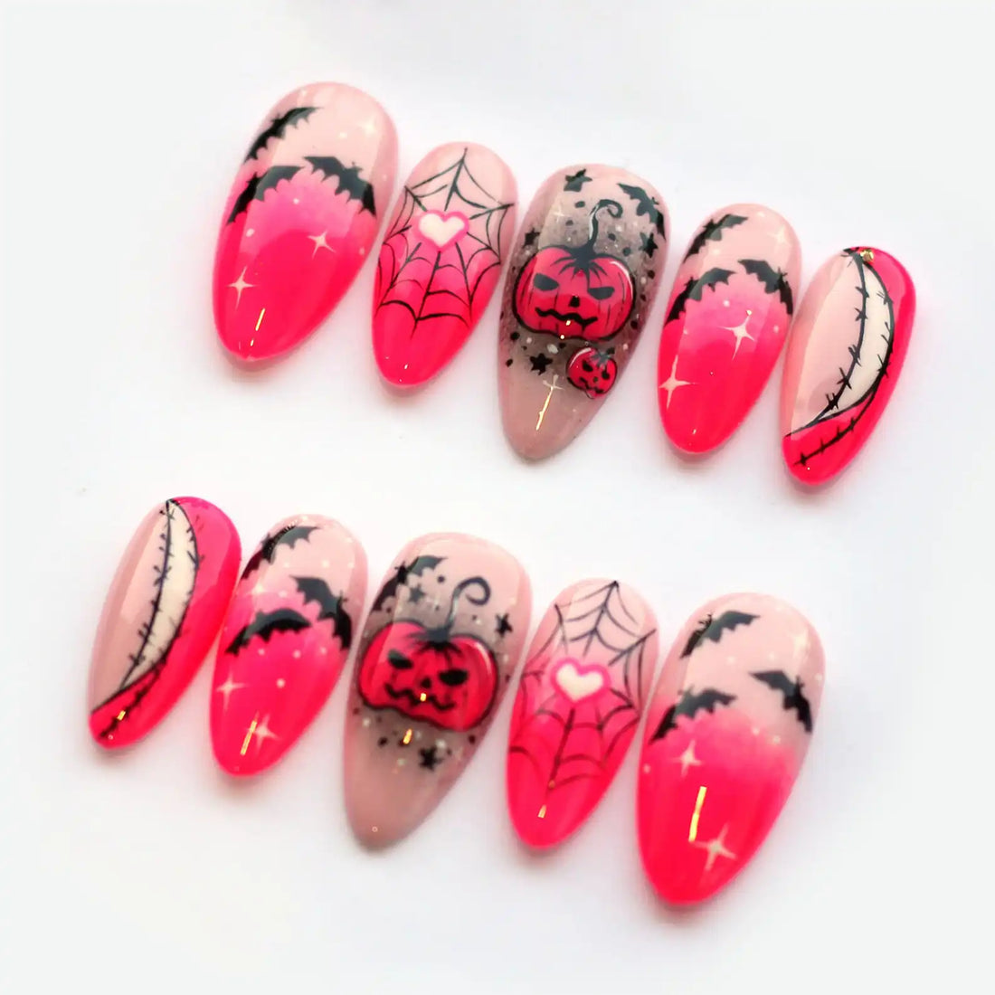 Pink Ombre Pumpkin Halloween Press on Nails - Cute Spooky Bats Fingernails G36
