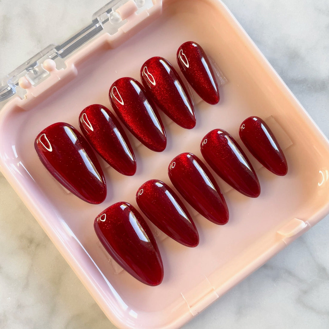 Shiny Glitter Red Cat Eye Fake Handmade Nails S87