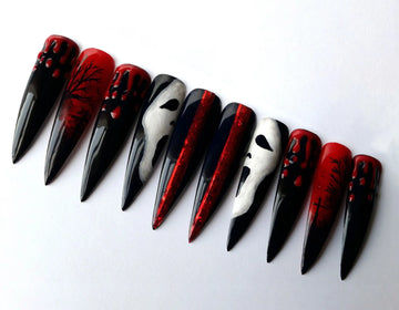Scary Bloody Ghost Face Halloween Press on Nails - Hand-painted Red Black Fingernails R73