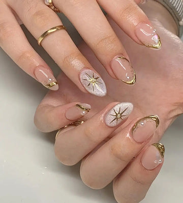 Shiny Pearl Gold Custom Handmade Press on Nails A86