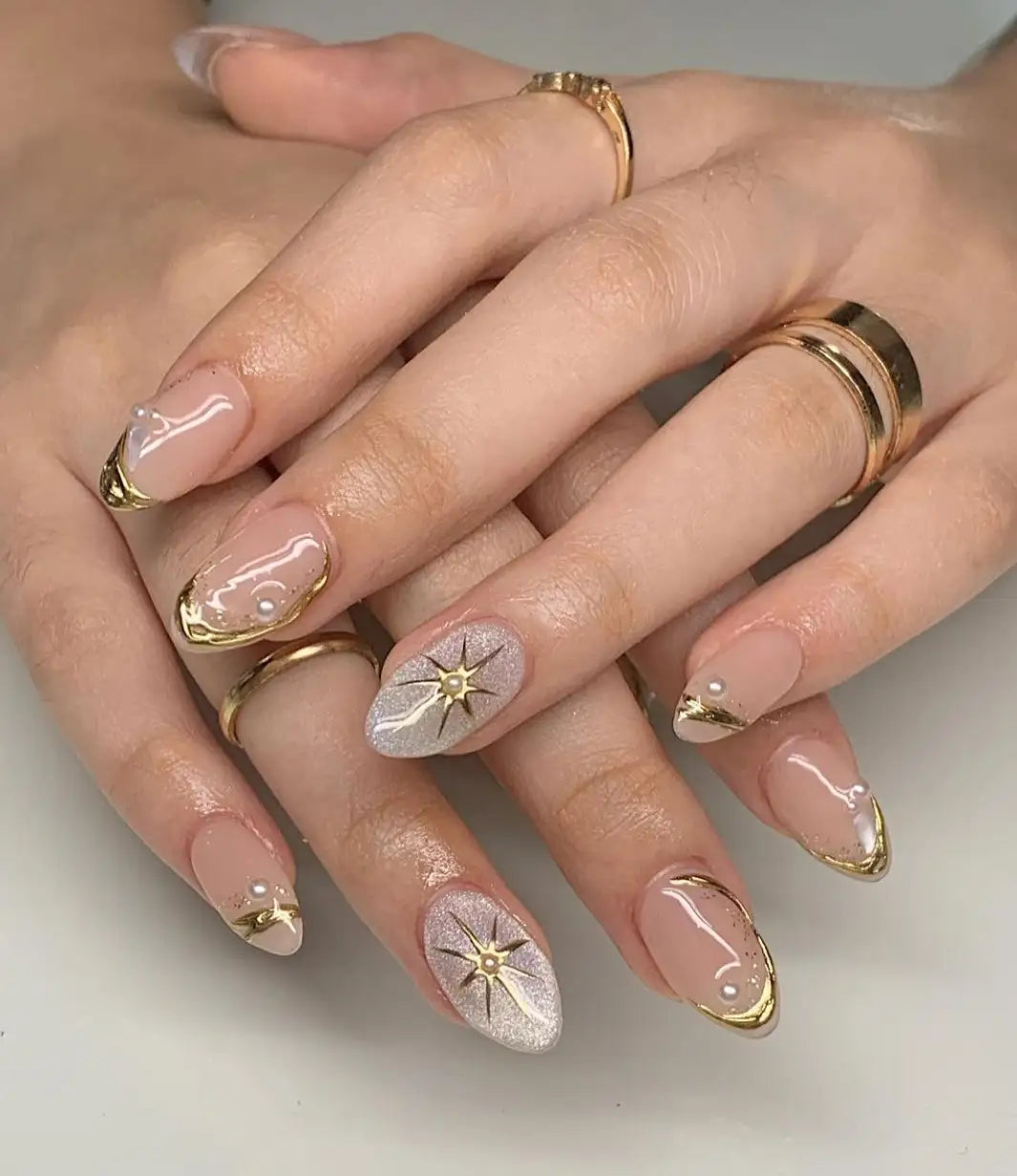 Shiny Pearl Gold Custom Handmade Press on Nails A86