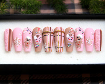 Snowflake Pink Cute Gingerbread Press on Nails - Luxury Christmas Fingernails
