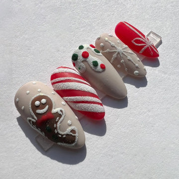 Snowing Gingerbread Man Candy Cane Christmas Handmade Press on Nails
