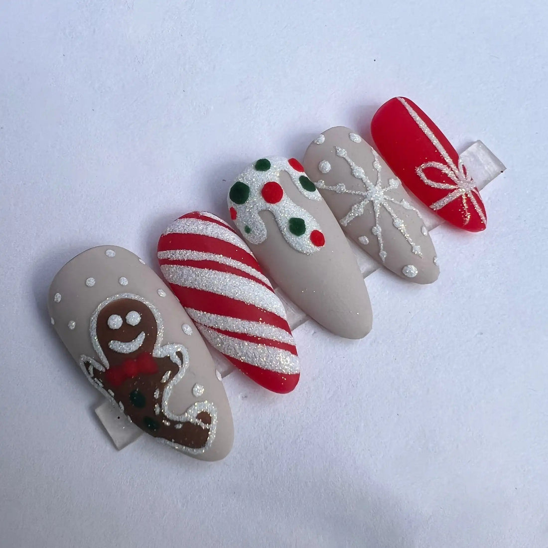 Snowing Gingerbread Man Candy Cane Christmas Handmade Press on Nails H27
