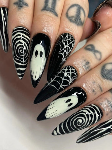 Spooky Ghost Gothic Halloween Press on Nails - Handmade Black White Fingernails W79