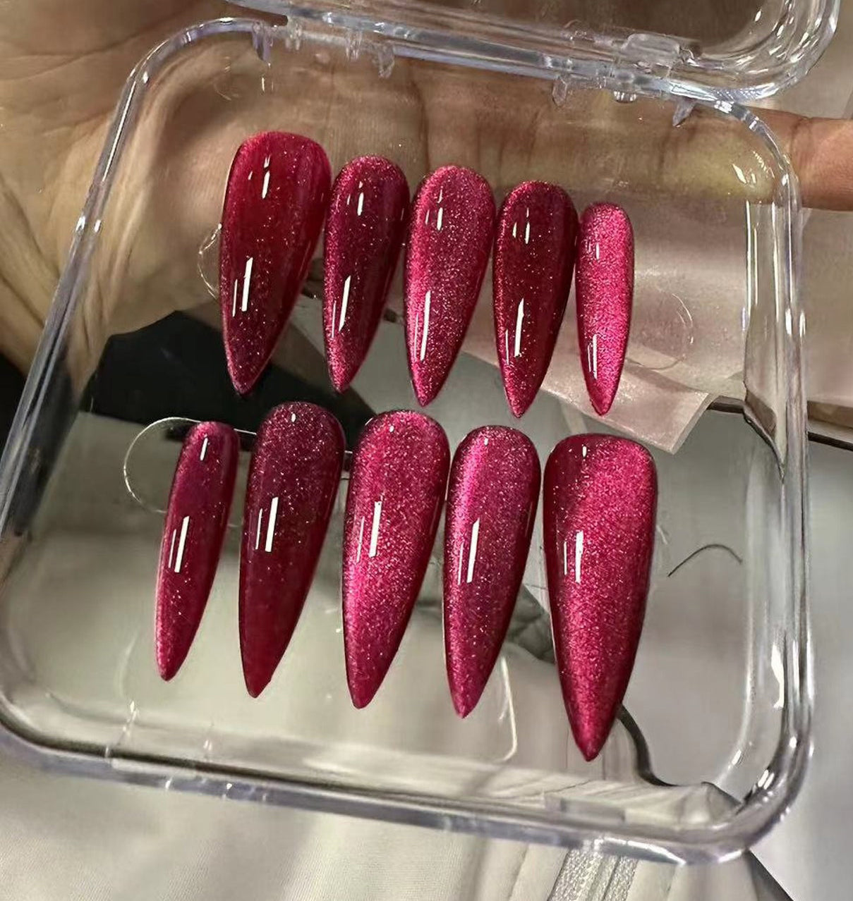 Handmade Pink Shiny Raspberry Glitter Magic Cat Eye Flame Nails E55
