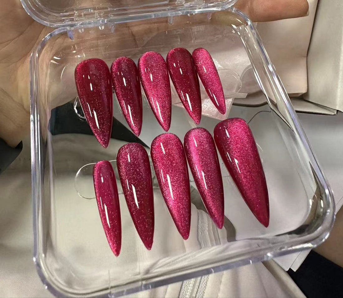 Handmade Pink Shiny Raspberry Glitter Magic Cat Eye Flame Nails E55