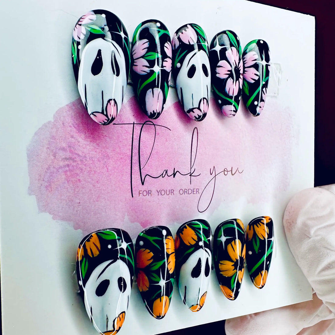 The Floral Ghost Spooky Halloween Press on Nails - Fall Autumn Handmade Fingernails B11