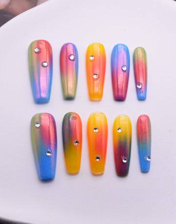 Vibrant Ombre Summer Handmade Press on Nails - Rainbow Aurora Design