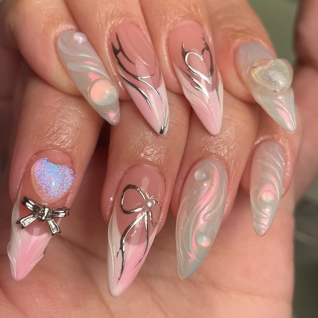 Handmade Pink Silver Ribbon Girly Elegant Press on Nails.