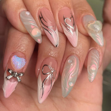 Handmade Pink Silver Ribbon Girly Elegant Press on Nails.