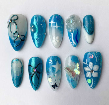 Blue Bow and Butterfly Summer Press On Nails - Short Almond Custom Design