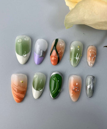 French Tip Handmade Summer Press On Nails - Silver Colorful Cute Design