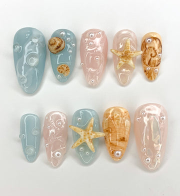 Seashells and Starfish Handmade Press On Nails - Summer Ocean 3D Beach Design