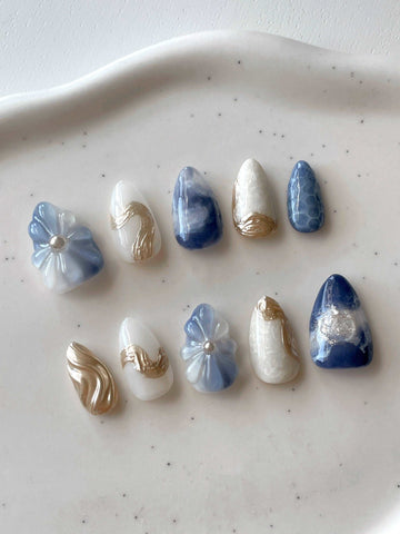 3D Flower Ocean Gold Chrome Press on Nails - Reusable Handmade Fake Nails