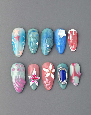 Colorful Free Style Handmade Summer Press On Nails - Flower Beach Design