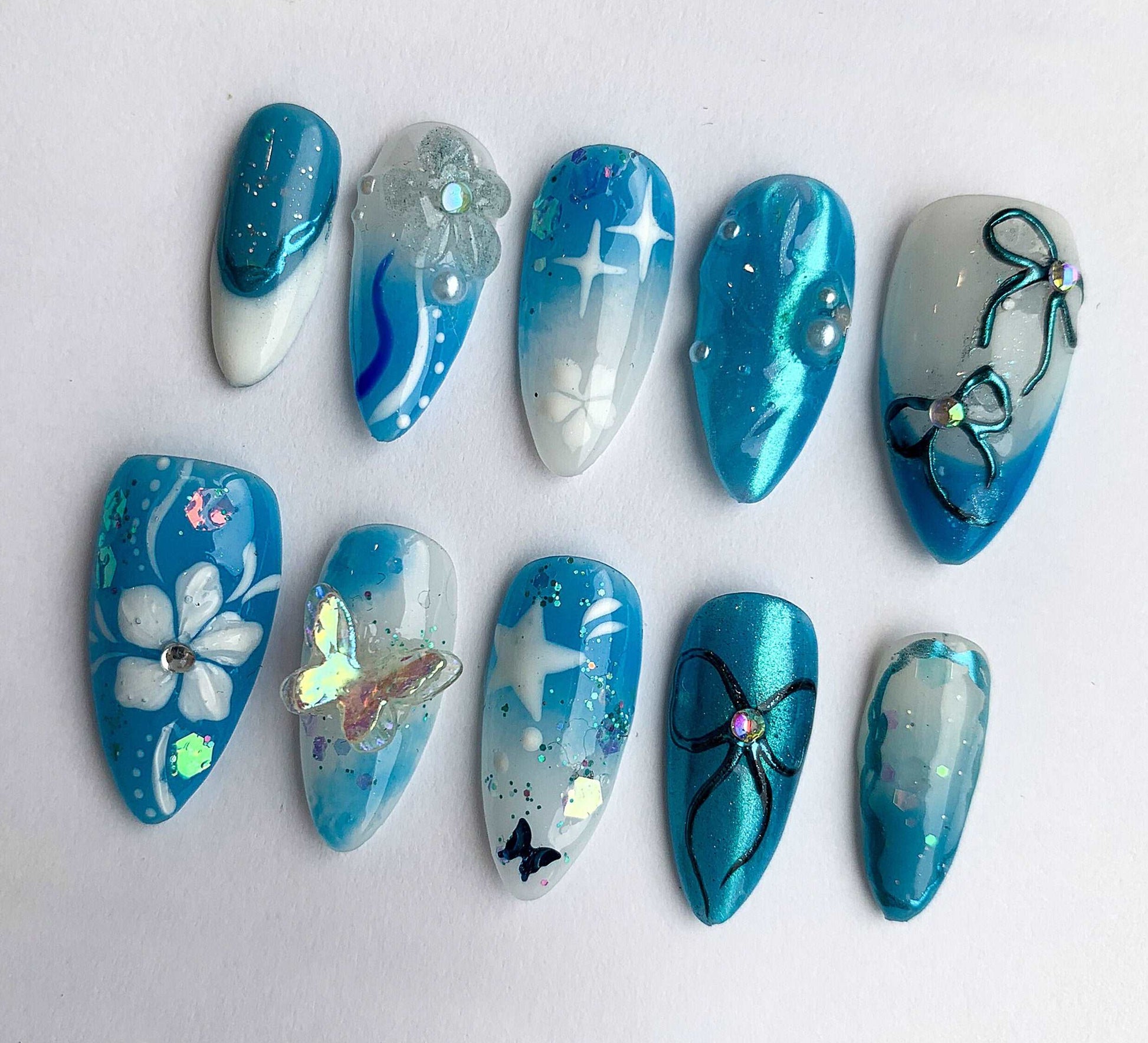Blue Bow and Butterfly Summer Press On Nails - Short Almond Custom Design