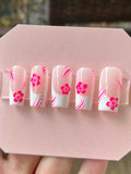 Pink Hawaiian Flower French Tips Reusable Handmade Press on Nails