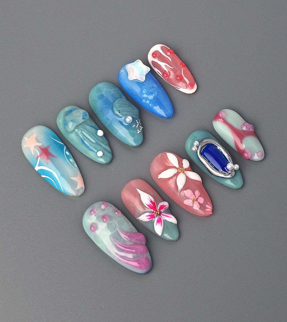 Colorful Free Style Handmade Summer Press On Nails - Flower Beach Design