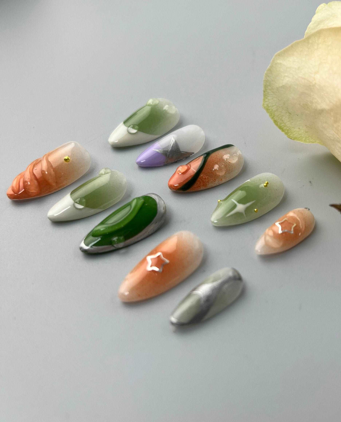 French Tip Handmade Summer Press On Nails - Silver Colorful Cute Design