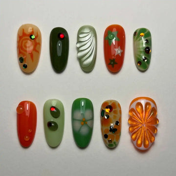 Handmade Abstract Citrus Summer Green Orange Rhinestone Press on Nails N86