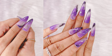 Long stiletto press-on nails with purple ombre, silver star and moon celestial design
