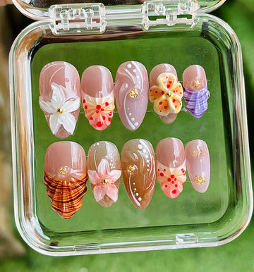 Colorful 3D Floral Elegant Press on Nails - Handmade Custom Fake Nail