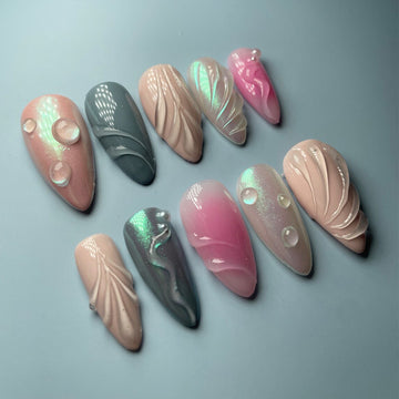 Handmade Aura Effect Custom Press on Nails - 3D Pink Mermaid Design