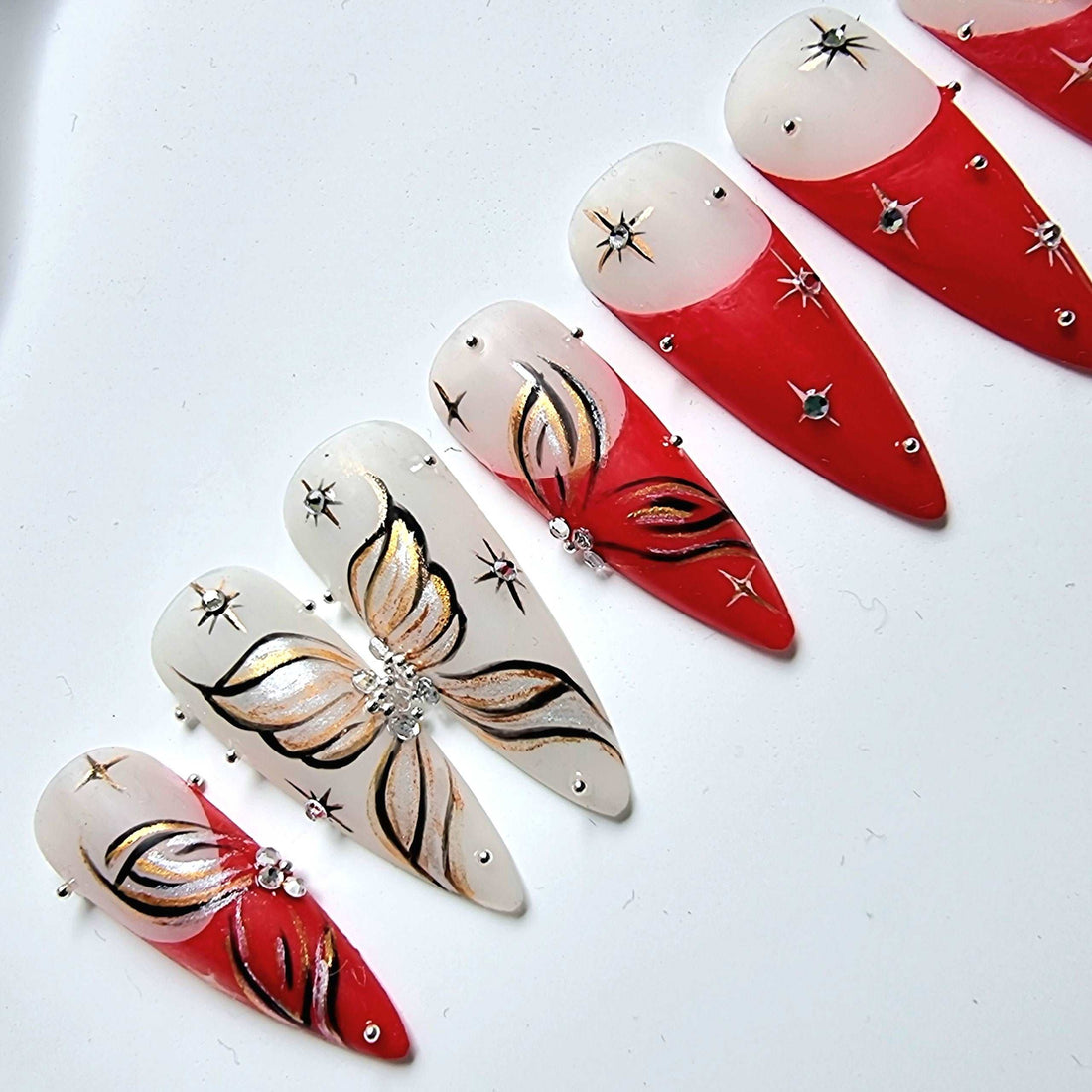 Handmade Butterfly Press on Nails - Red Elegant Spring Star & Crystal Design.