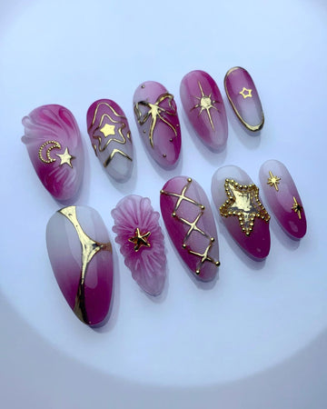 Handmade Pink Starry Elegance Nail Art with Gold Accents Press on Nails T71