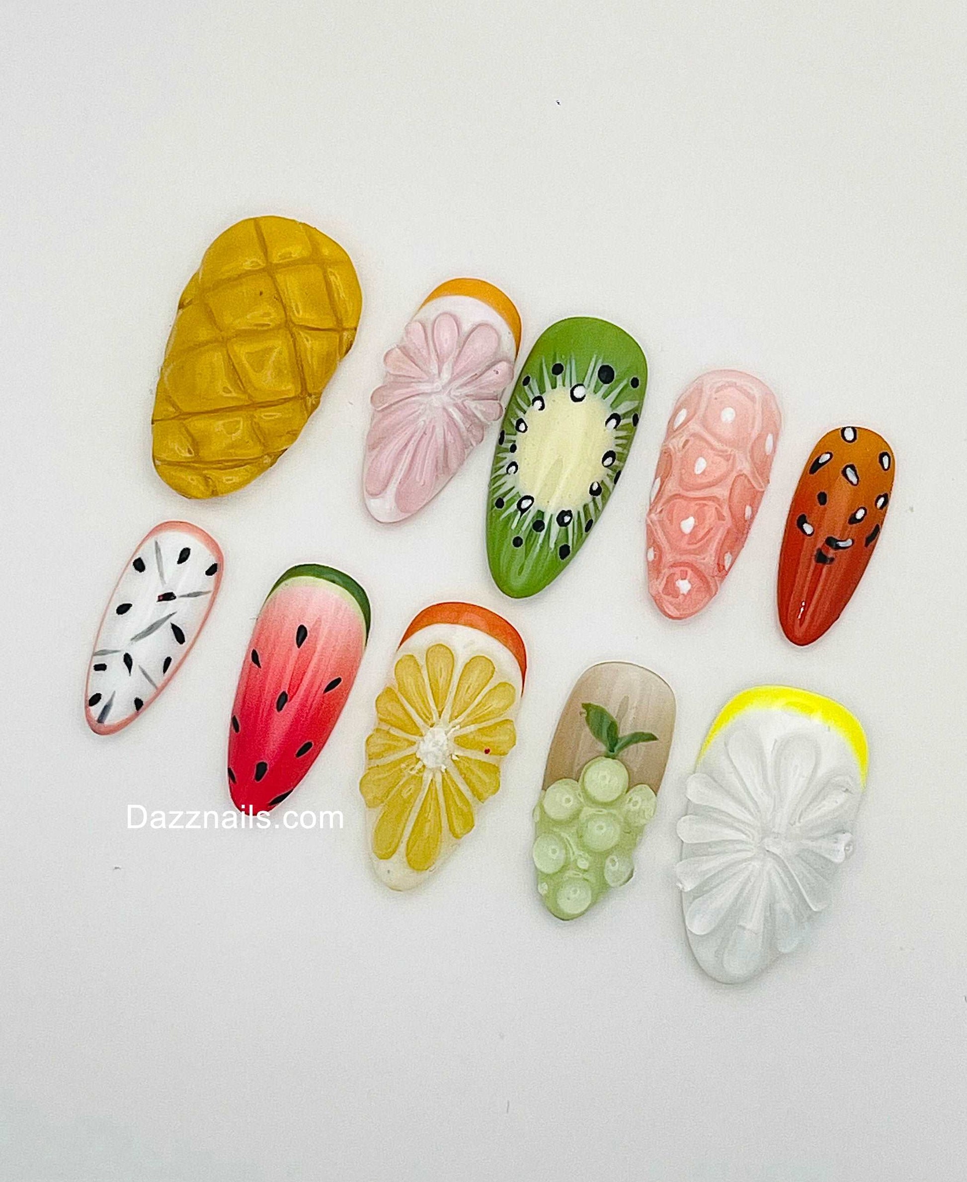 Fruit Colorful Summer Press on Nails -  Handmade Almond Cute Design