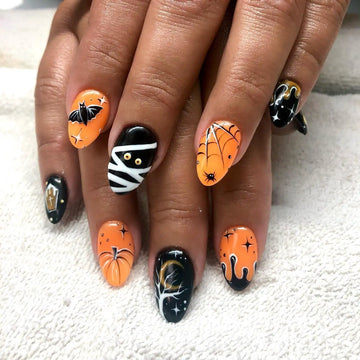 Handmade Spooky Mummy Bat Pumpkin Orange Black Halloween Press on Nails F22
