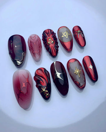 Handmade Crimson Celestial Flame Nail Art with Gold Stars Press on Nails T70