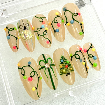 Handmade Christmas Press on Nails - Colorful Lights Glow in The Dark Design.