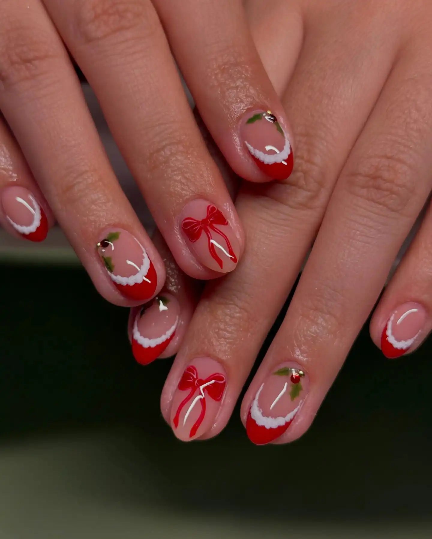 Handmade Red French Tip Bow Holly Christmas Press on Nails G89