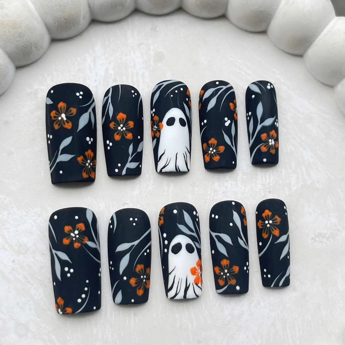 Handmade Fall Floral Ghost Dot Black Orange Halloween Press on Nails H60