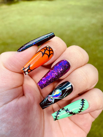 Handmade Spooky Spiderweb Glitter Halloween Press on Nails E45