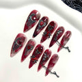 Handmade Halloween Press on Nails - Witchy 3D Red Ruby Silver Chain Design.