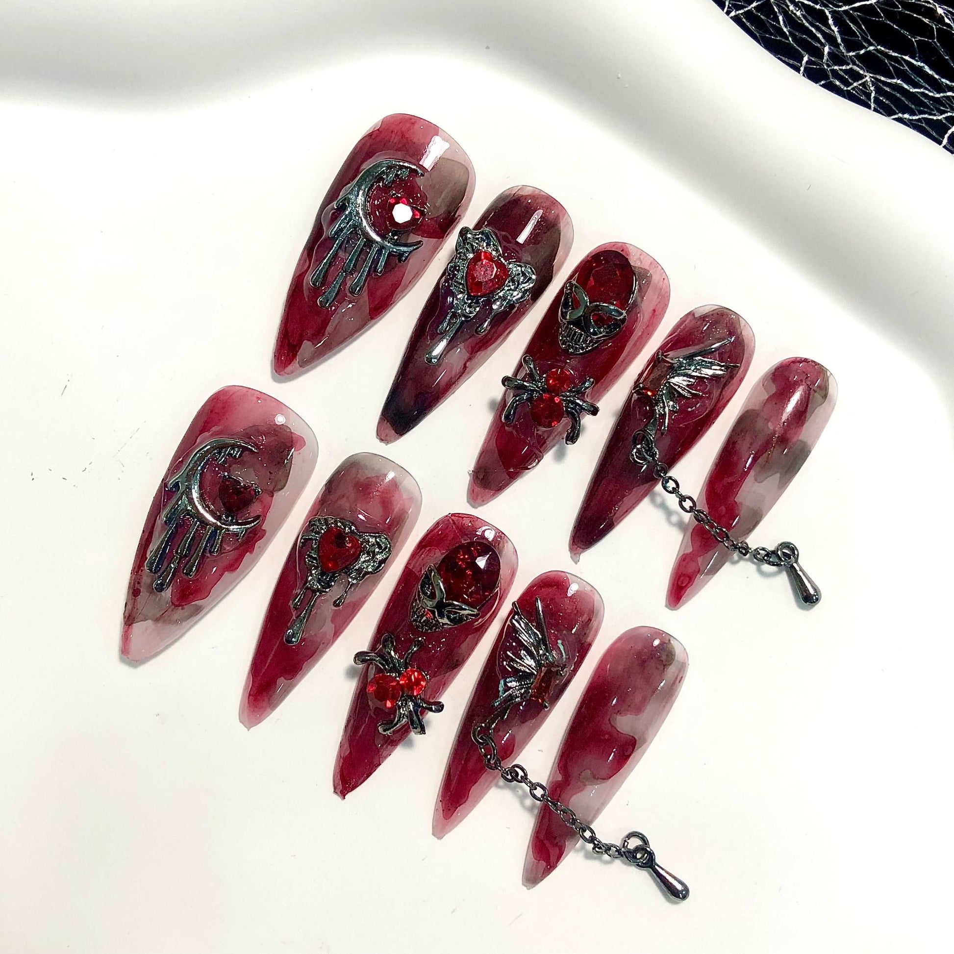 Handmade Halloween Press on Nails - Witchy 3D Red Ruby Silver Chain Design.