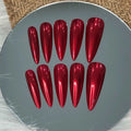 Handmade Red Chrome Press on Nails - Solid Color Beauty Mirror Design.