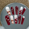 Handmade Christmas Snowflake Press On Nails - Deep Red & White Design.